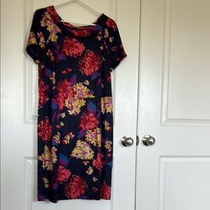 Boden Floral Midi Dress in Navy with Red and Yellow Accents